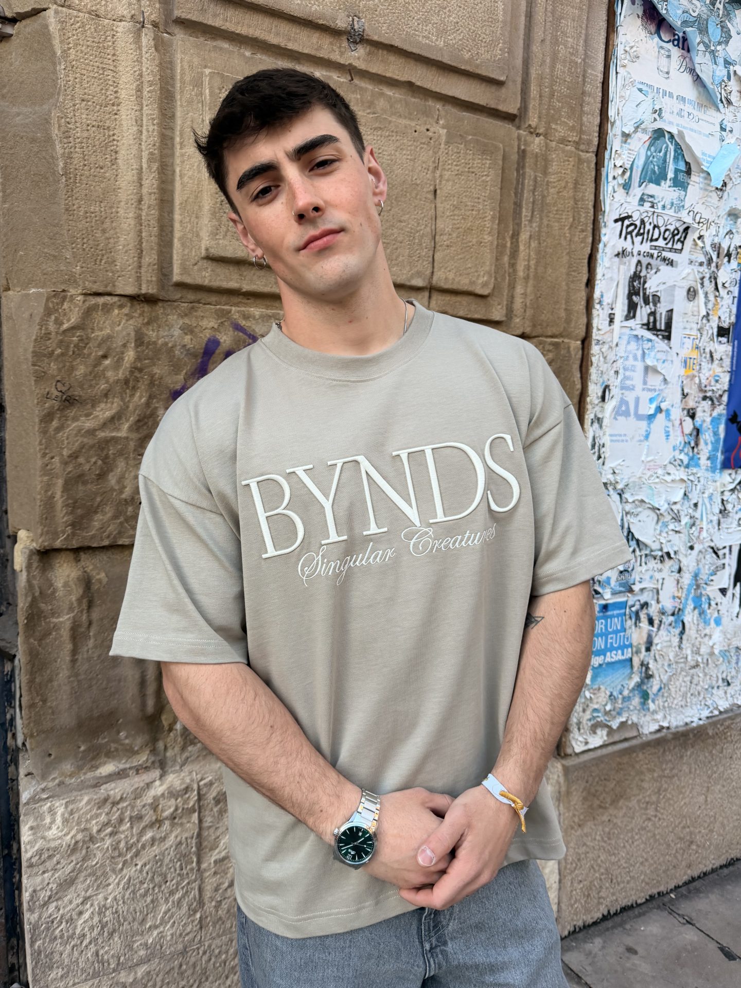 Tierra Streetwear T-shirt BYNDS Front View A man wearing the Tierra Streetwear T-shirt with 3D BYNDS embroidery and earth-toned heavy cotton.